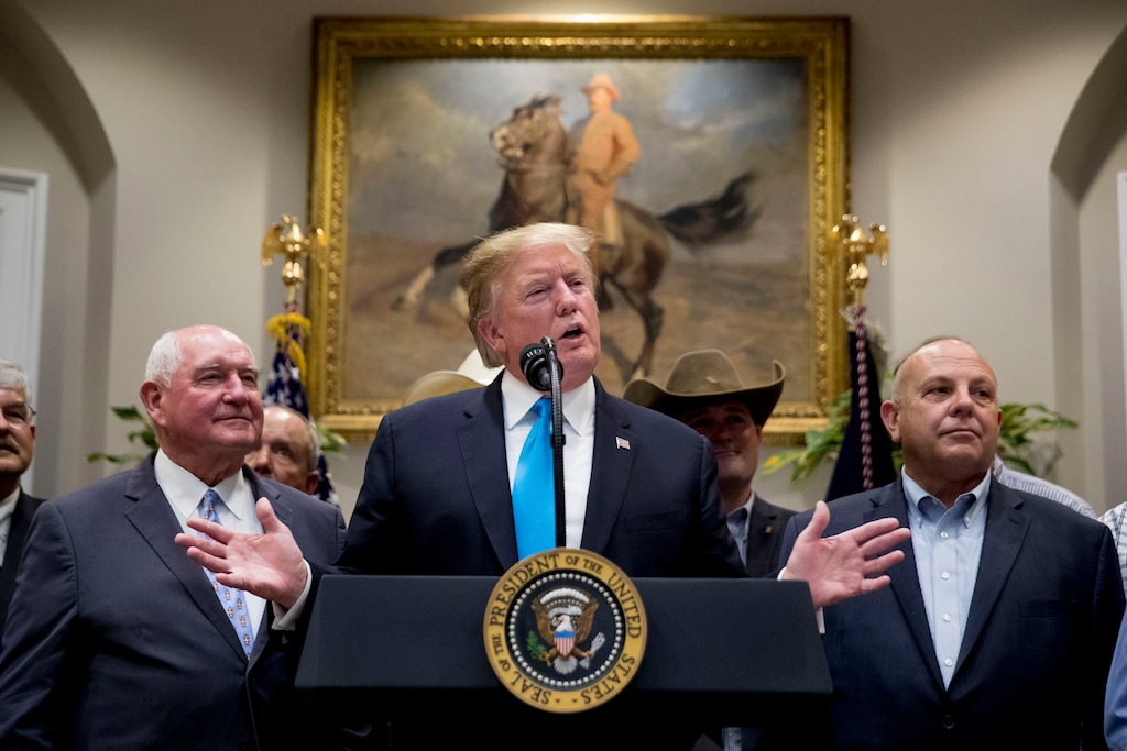 President Donald Trump, accompanied by Agriculture Secretary Sonny Perdue, left, speaks during a meeting to support America's farmers and ranchers in the Roosevelt Room of the White House, Thursday, May 23, 2019, in Washington. (AP Photo/Andrew Harnik)