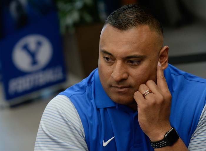 (Francisco Kjolseth  |  The Salt Lake Tribune)  BYU hosts their eighth-annual football media day at the BYU-Broadcasting Building on Friday, June 22, 2018, as head coach Kalani Sitake makes the interview rounds.