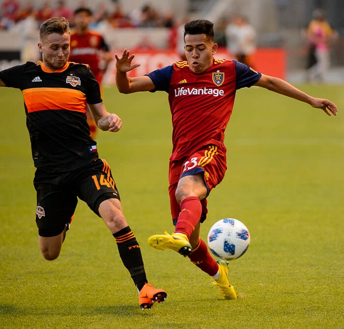 (Trent Nelson | The Salt Lake Tribune)  
Houston Dynamo midfielder Charlie Ward (14) and Real Salt Lake midfielder Sebastian Saucedo (23) as Real Salt Lake hosts Houston Dynamo, MLS Soccer at Rio Tinto Stadium in Sandy, Utah, Wednesday May 30, 2018.