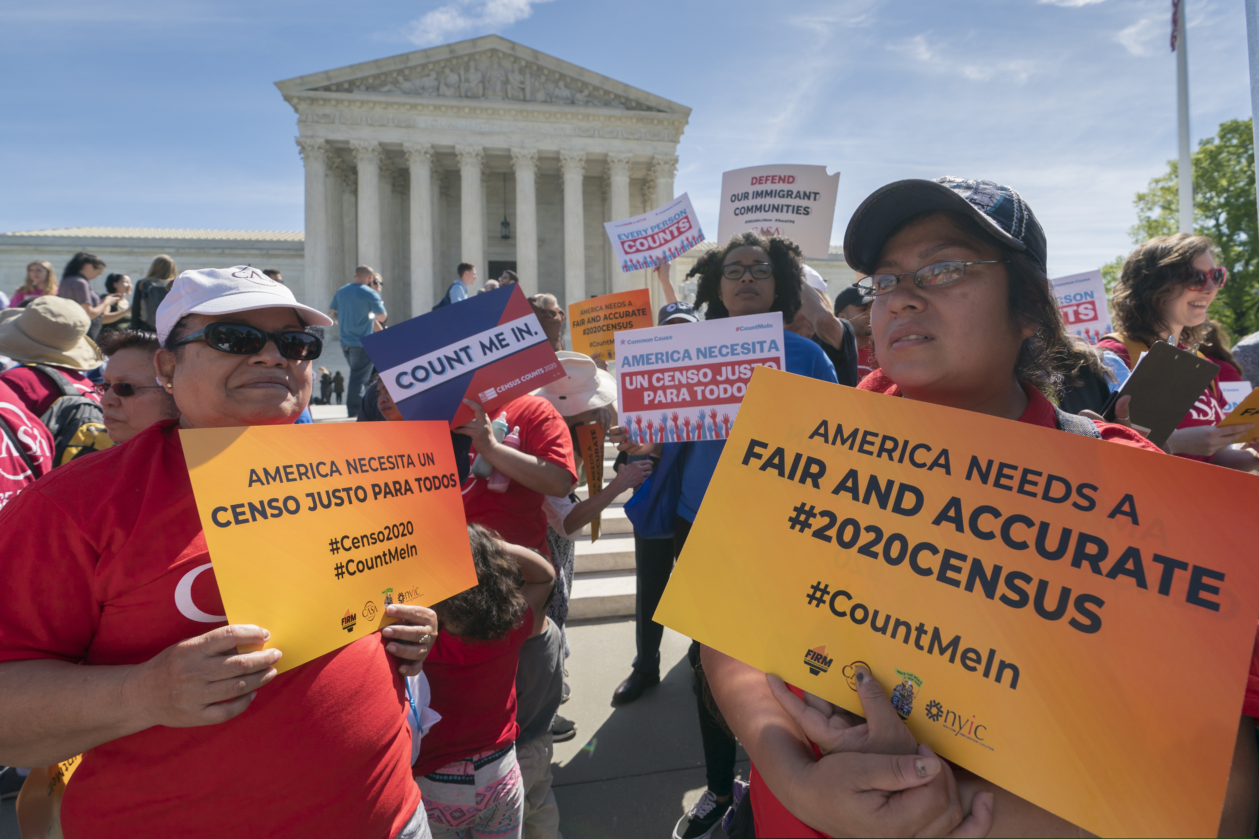 (J. Scott Applewhite | AP file photo)
Immigration activists rally outside the Supreme Court in April as the justices hear arguments over the Trump administration's plan to ask about citizenship on the 2020 census, in Washington. A New York judge says the Justice Department can't change lawyers so late in the dispute over whether to add a citizenship question to the 2020 census. Judge Jesse Furman ruled Tuesday, saying lawyers must cite satisfactory reasons for withdrawing.