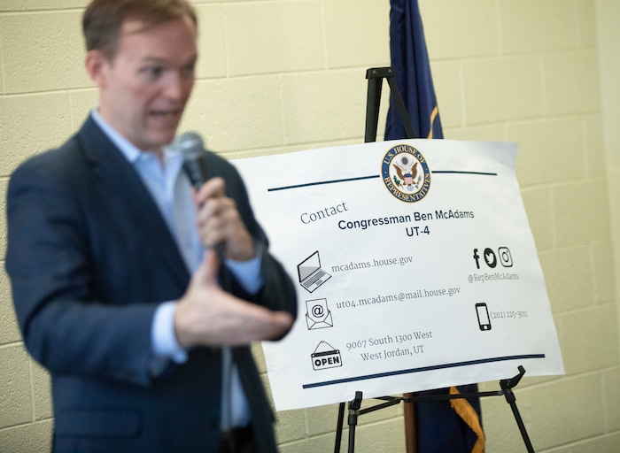 (Keith Johnson  |  for The Salt Lake Tribune) Newly elected Utah Congressman Ben McAdams, representing Utah's 4th District, holds a town hall meeting at the Redwood Recreational Center in West Valley City, Utah on Jan. 19, 2019. McAdams held the town hall meeting to make good on a promise to be more accessible to constituents, a criticism he leveled against former congresswoman Mia Love during McAdam's campaign.