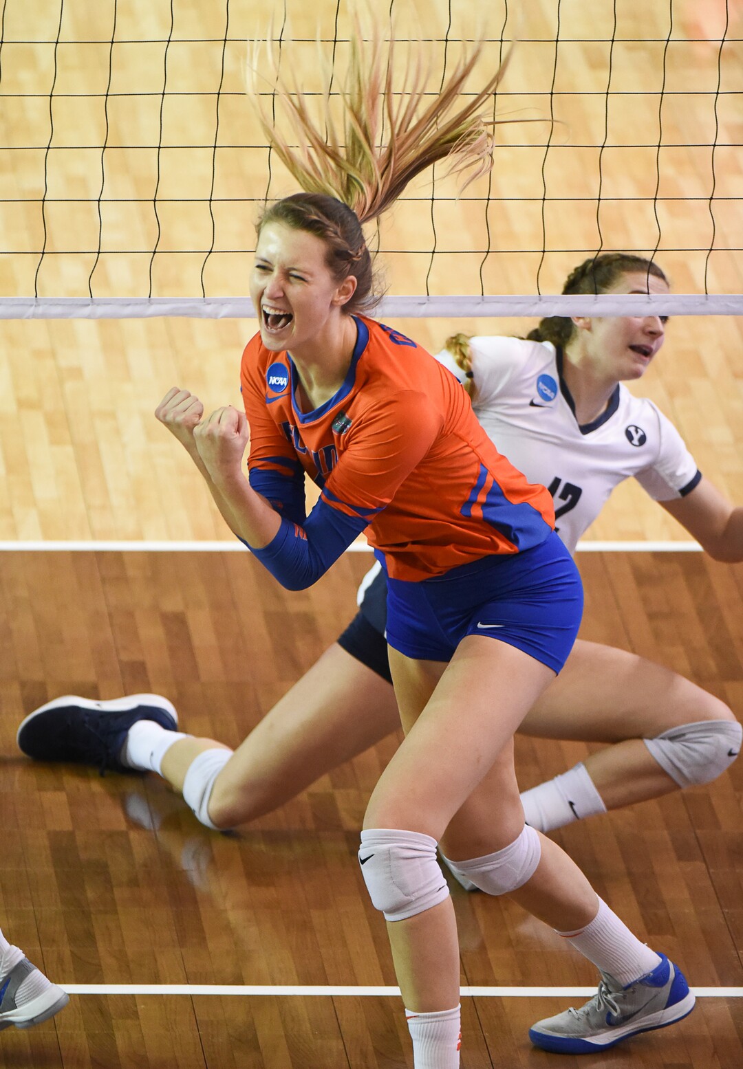 (Francisco Kjolseth  |  The Salt Lake Tribune)  Holly Carlton of Florida celebrates a point against BYU in their NCAA Tournament Round of 16 match at Smith Fieldhouse, Friday, Dec. 7, 2018.