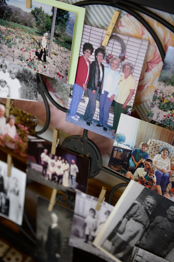 (Francisco Kjolseth  |  The Salt Lake Tribune)  Nacele Hart, second from left, is show with her sisters along with other memorabilia as her daughters assembled a show of her more than 100 quilts and numerous sewing projects over a 10-year period for her children, grandchildren and great-grandchildren. 
