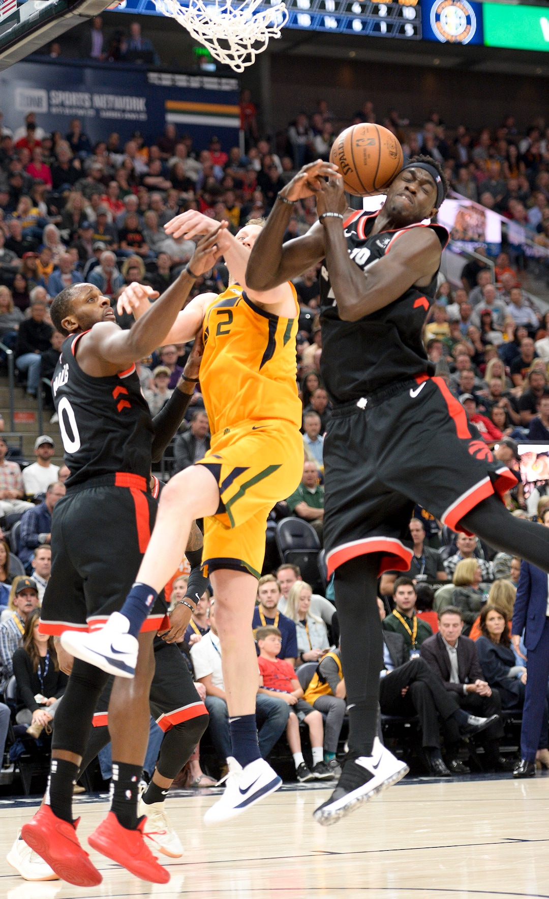 Leah Hogsten  |  The Salt Lake Tribune  Utah Jazz forward Joe Ingles (2) battles Toronto Raptors forward CJ Miles (0) and Toronto Raptors forward Pascal Siakam (43) the Utah Jazz host the Toronto Raptors, Monday, Nov. 5, 2018 at  Vivint Smart Home Arena.