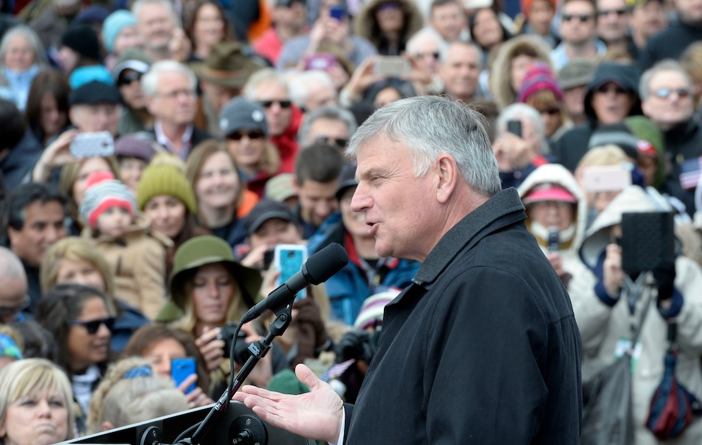 Al Hartmann  |  The Salt Lake Tribune 
Thousands gathered on the steps of the Utah Capitol on Monday, March 29, to listen and pray with Franklin Graham, son of evangelist Billy Graham and a key adviser to President Donald Trump.