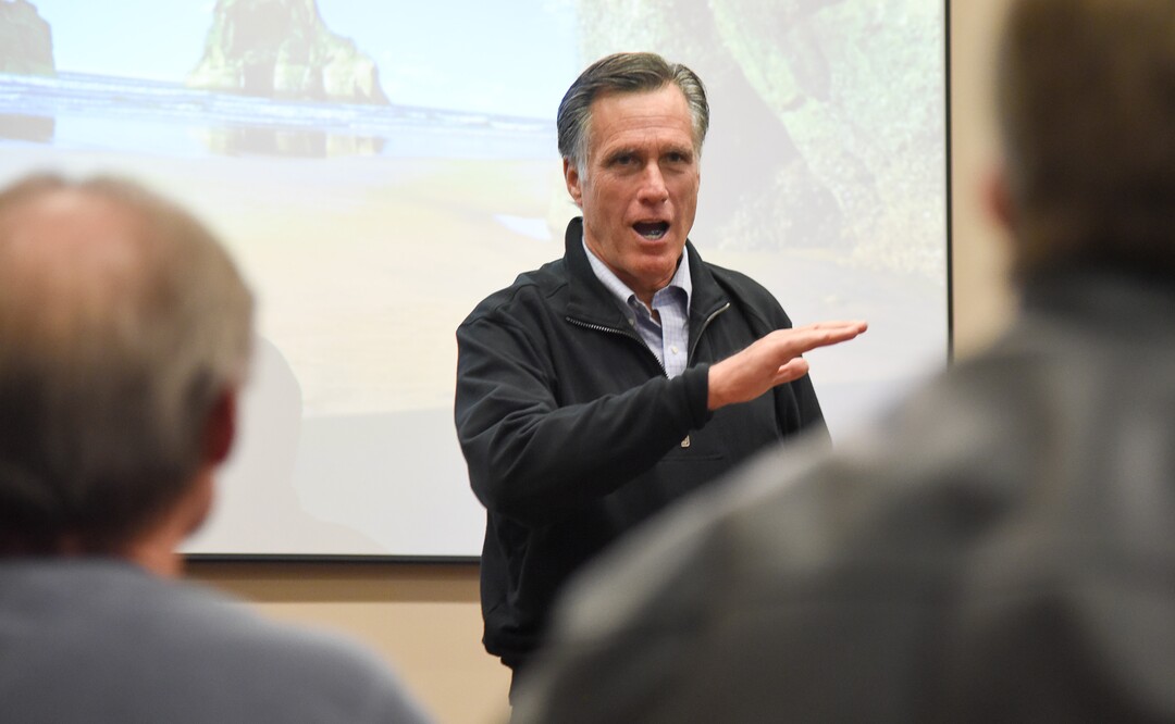 (Francisco Kjolseth  |  The Salt Lake Tribune)  U.S. Senator Mitt Romney visits some of the overflow rooms after holding a town hall meeting at the Davis County administration building, Tuesday, January 22, 2019, to hear from local residents.