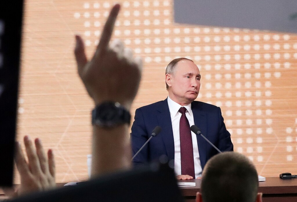 (Mikhail Klimentyev | Sputnik, Kremlin pool photo via AP) Russian President Vladimir Putin attends his annual news conference in Moscow, Russia, Thursday, Dec. 19, 2019.