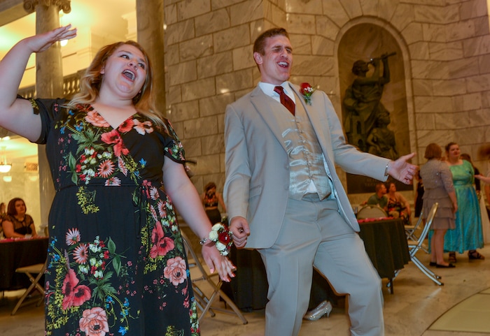 (Leah Hogsten  |  The Salt Lake Tribune) Amy Koontz and her brother Ty Koontz lip sync and dance with their dates at the prom. Three virtual charterÊschools, Utah Virtual Academy, Utah Connections Academy and Mountain Heights Academy, co-hosted prom for their students, Friday, April 27, 2018. 