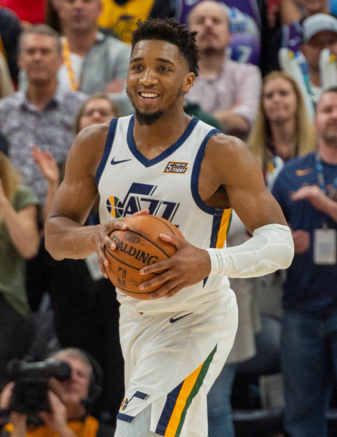 (Rick Egan  |  The Salt Lake Tribune)        Utah Jazz guard Donovan Mitchell (45) smiles after being found in the final seconds of the game as the Jazz, defeat the Nets, in NBA basketball action between the Utah Jazz and the Brooklyn Nets in Salt Lake City, Tuesday, Nov 12, 2019.