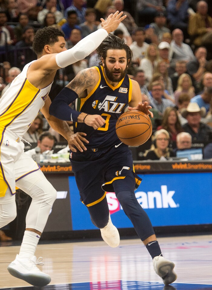 (Rick Egan  |  The Salt Lake Tribune)   Utah Jazz guard Ricky Rubio (3) drives up the middle, in NBA action, Utah Jazz vs. Los Angeles Lakers, in Salt Lake City, Saturday, October 28, 2017.Saturday, October 28, 2017.