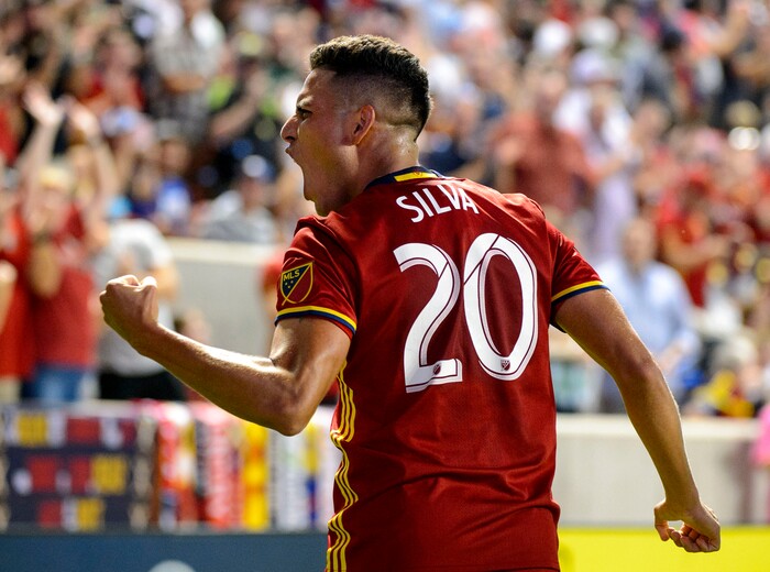 (Steve Griffin | The Salt Lake Tribune) Real Salt Lake midfielder Luis Silva (20), left, celebrates his goal during match against San Jose at Rio Tinto Stadium in Sandy Wednesday August 23, 2017.