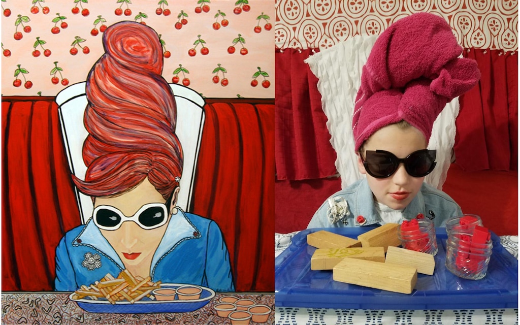 (Images courtesy of the Springville Museum of Art) Stephanie Deer's “Sometimes Less Is More ... But Not Today” is shown alongside Katy Larson's re-creation of the painting. The Springville Museum of Art invited its Instagram followers to re-create paintings on display using only items they had on hand.