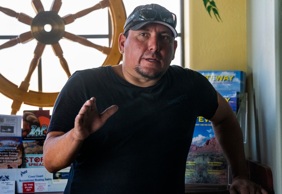 (Rick Egan | The Salt Lake Tribune) Big Water business owner Sean Baloodiscusses the problems with the low water level and the boat ramps, at Lake Powell, on Tuesday, Aug. 3, 2021.