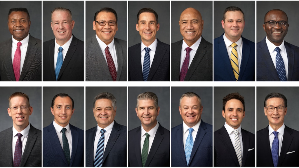 (The Church of Jesus Christ of Latter-day Saints) Fourteen men have been called to the Young Men General Advisory Council of The Church of Jesus Christ of Latter-day Saints. Top row from left are Agbor T. Agbor, Derral E. Eves, Daniel E. Mendoza García, John Hilton III, Richard P. Kaufusi, G. Sheldon Martin and Steve K. Mutombo. Bottom row from left: Luke J. Nichols, Rogelio Osuna, Walter G. Queiroz Jr., Anthony R. Sweat, Clinton E. Udy, Parker Aaron Walbeck and Elder Kazuhiko Yamashita.