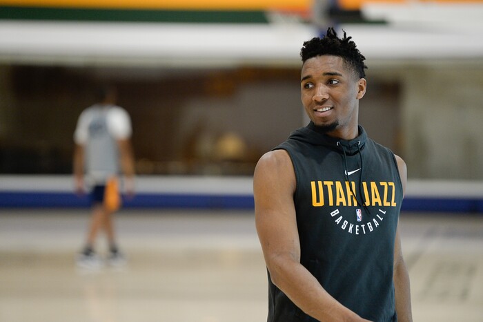(Francisco Kjolseth  |  The Salt Lake Tribune)  Donovan Mitchell of the Utah Jazz wraps up a long practice on Friday, April 20, 2018, ahead of Game 3 vs. Thunder on Saturday.