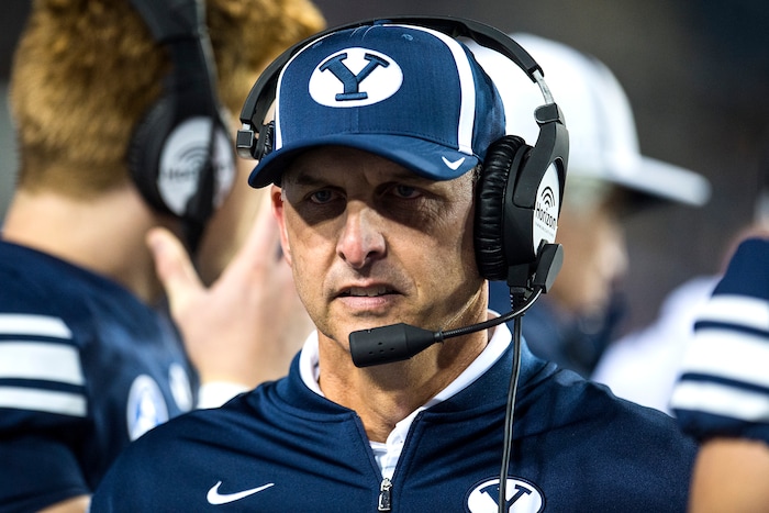(Chris Detrick  |  The Salt Lake Tribune)  Offensive Coordinator and Quarterbacks Coach Ty Detmer during the game LaVell Edwards Stadium Friday, October 6, 2017. Boise State Broncos defeated Brigham Young Cougars 24-7.
