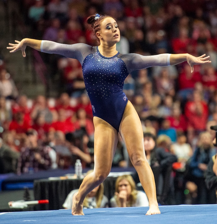 (Rick Egan  |  The Salt Lake Tribune)   Milan Clausi performs on the floor for University of California Berkley, in the PAC-12 Gymnastics Championships at the Maverik Center, Saturday, March 23, 2019.


