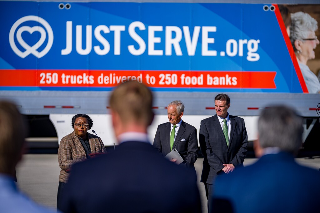 (Trent Nelson  |  The Salt Lake Tribune) Tracy Browning speaks at a news conference at the Bishops’ Central Storehouse in Salt Lake City on Thursday, Nov. 13, 2025. At right are Michael Dunn and Blaine Maxfield.