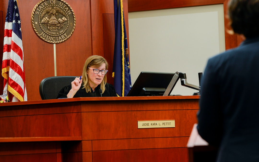 (Leah Hogsten  |  The Salt Lake Tribune)   Judge Kara Pettit questions defense attorney Leah Farrell in her Third District Courtroom, Nov. 19, 2019. Defense attorneys Leah Farrell with the AmericanÊCivil Liberties UnionÊof Utah and Randy Richards argued on behalf of their plaintiff Tilli Buchanan that UtahÕs lewdness statute is unconstitutional because it discriminates against women.  Buchanan is facing charges of lewdness involving a child after police say she took off her top while cleaning out the garage and her stepchildren saw her breasts. Judge Pettit is expected to rule in two months.