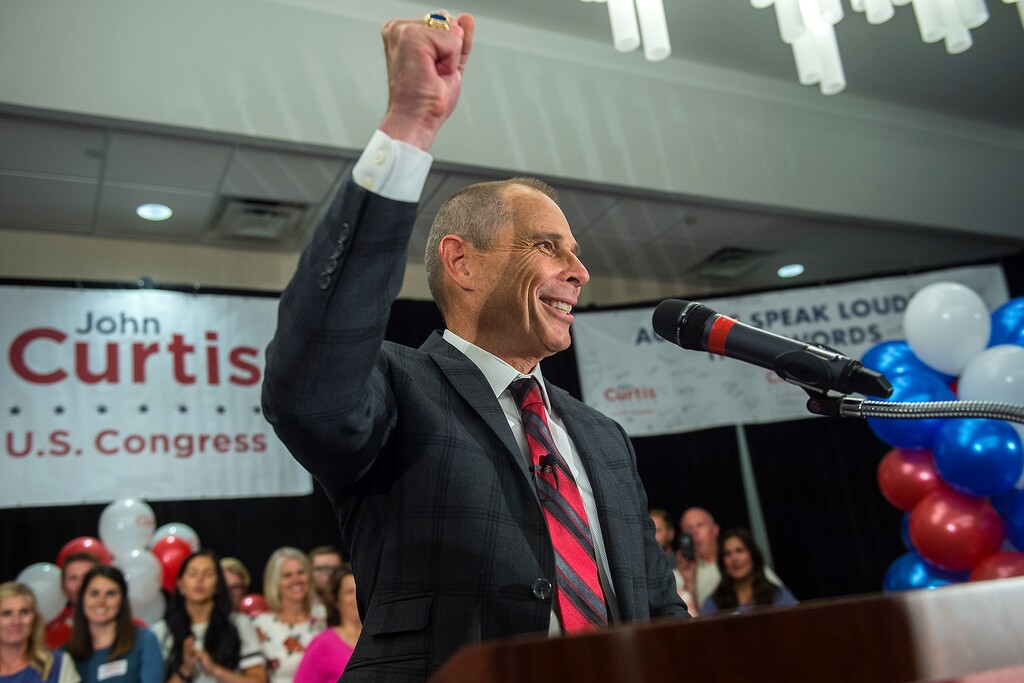 (Chris Detrick  |  The Salt Lake Tribune)  Provo Mayor John Curtis celebrates during his election night party at the Provo Marriott Hotel & Conference Center Tuesday, August 15, 2017. 
