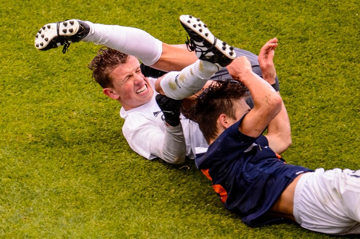 (Trent Nelson  |  The Salt Lake Tribune)  
Olympus's Adam Naylor (10) and Brighton's Chandler Turpin (13) as Brighton defeats Olympus High School 3-2 in overtime in the 5A boys state championship game at Rio Tinto Stadium in Sandy, Thursday May 23, 2019.