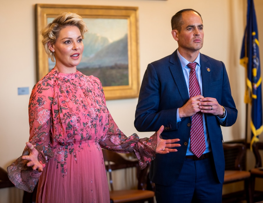 (Rick Egan | The Salt Lake Tribune) Katherine Heigl joins Sen. Michael McKell, R-Spanish Fork, as they discuss gas chamber euthanasia for animals shelters during a news conference at the Capitol, on Wednesday, Jan. 18, 2023.