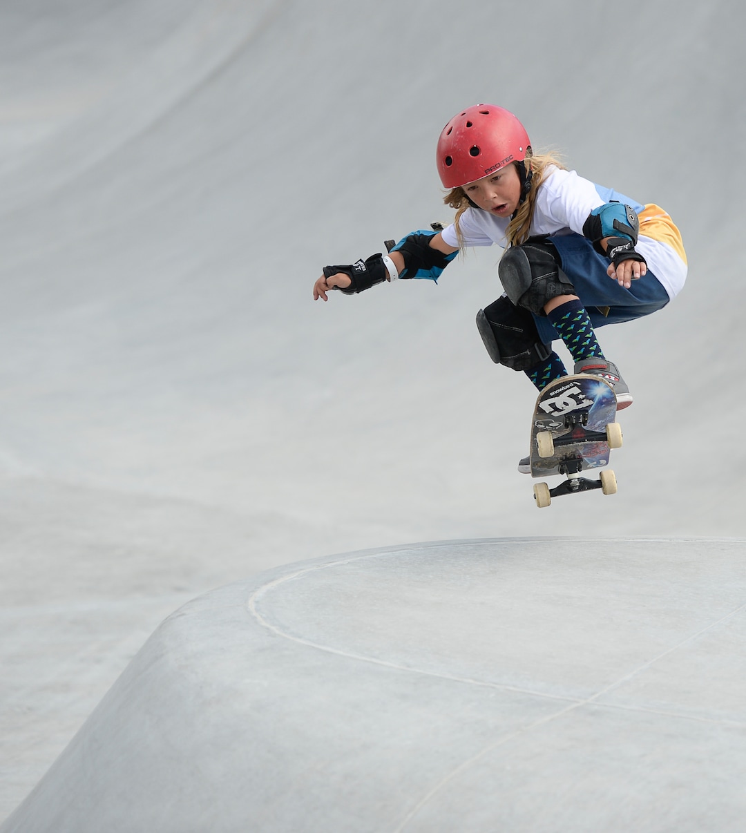 (Francisco Kjolseth  |  The Salt Lake Tribune)  Terje Lamont, 7, drops in for the community skate portion during a first look at the new Vans - Utah Sports Commission Skatepark at the Utah State Fairpark on Tuesday, Sept. 3, 2019.