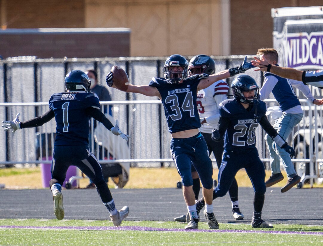 (Rick Egan | The Salt Lake Tribune) The Duchesne Eagles Ethan Park (34) celebrates his interception, and runback to the 5-yard line, in 1A Football Championship action between the Duchesne Eagles and the Layton Christian Academy Eagles, at the Elizabeth Dee Shaw Stewart Stadium in Ogden, on Saturday, Nov. 13, 2021.