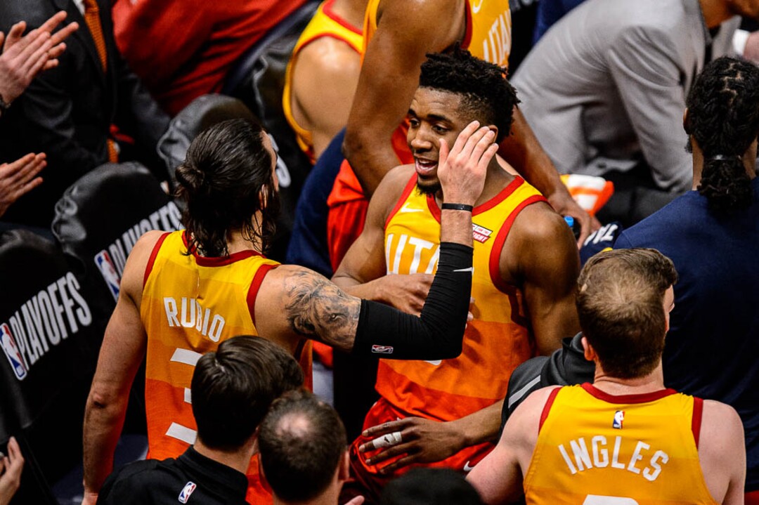 (Trent Nelson | The Salt Lake Tribune)  Utah Jazz host the Oklahoma City Thunder, Game 3, NBA playoff basketball in Salt Lake City, Saturday April 21, 2018. Utah Jazz guard Ricky Rubio (3) and Utah Jazz guard Donovan Mitchell (45) embrace.