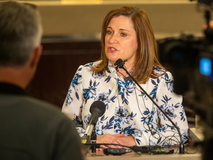 (Rick Egan  |  The Salt Lake Tribune)    New Salt Lake County Mayor Jenny Wilson answers questions from the media, after being sworn in as the new Salt Lake County Mayor, Tuesday, Jan. 29, 2019.