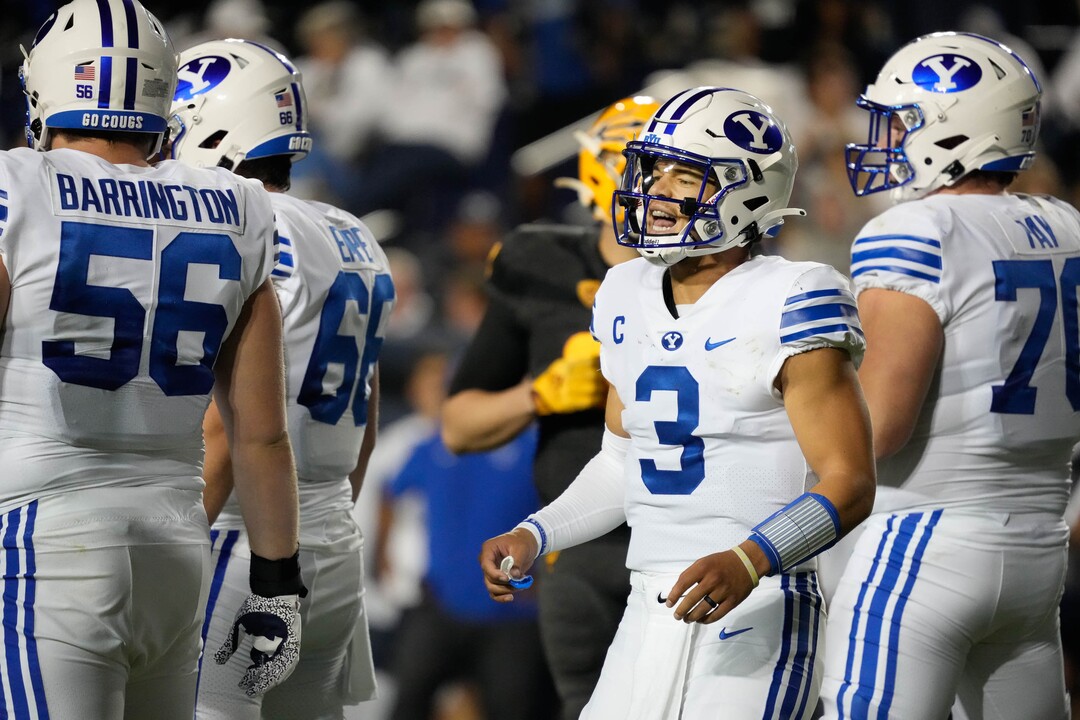 (Francisco Kjolseth | The Salt Lake Tribune) Brigham Young Cougars quarterback Jaren Hall (3) yells out plays as they take on the Arizona State Sun Devils at LaVell Edwards Stadium in Provo, on Saturday, Sept. 18, 2021.