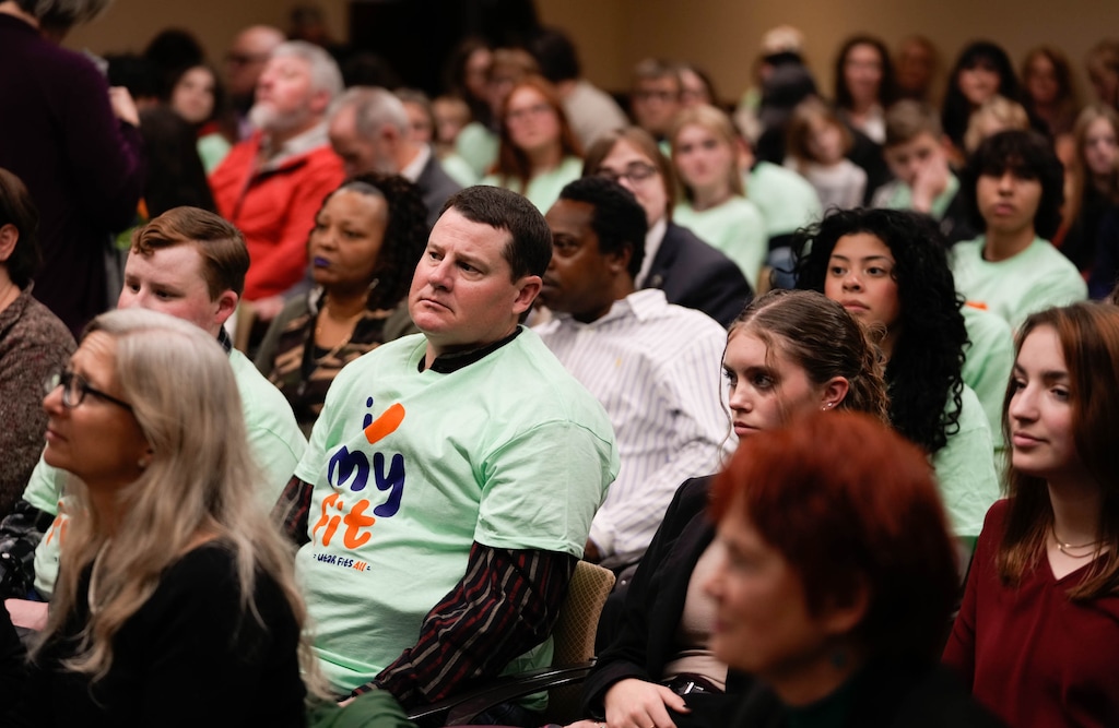 (Francisco Kjolseth | The Salt Lake Tribune) A packed room listens in as Rep. Candice Pierucci, R-Riverton, sponsor of HB215, otherwise known as “Funding for teacher salaries and optional education opportunities,” speaks on the bill in committee at the Utah Capitol on Thursday, Jan. 19, 2023.