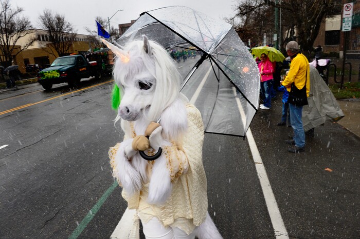 (Scott Sommerdorf | The Salt Lake Tribune) A unicorn strikes a pose during the 40th annual Salt Lake City St. Patrick's Day Parade on Saturday, March 17, 2018.