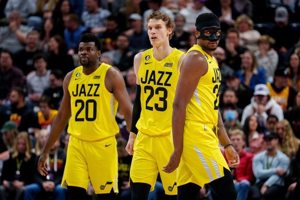 (Trent Nelson | The Salt Lake Tribune) Utah Jazz center Udoka Azubuike (20), Utah Jazz forward Lauri Markkanen (23), and Utah Jazz forward Rudy Gay (22) as the Utah Jazz host the San Antonio Spurs, NBA basketball in Salt Lake City on Tuesday, Feb. 28, 2023.