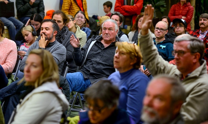 (Steve Griffin  |  The Salt Lake Tribune) Salt Lake City resident Randy Roberts  asks Salt Lake City Mayor Jackie Biskupski and Salt Lake City Police Chief Mike Brown about Operation Rio Grande and the city's homeless situation during the Liberty Wells Community Council meeting at the Tracy Aviary education room in Salt Lake City Wednesday November 8, 2017.
