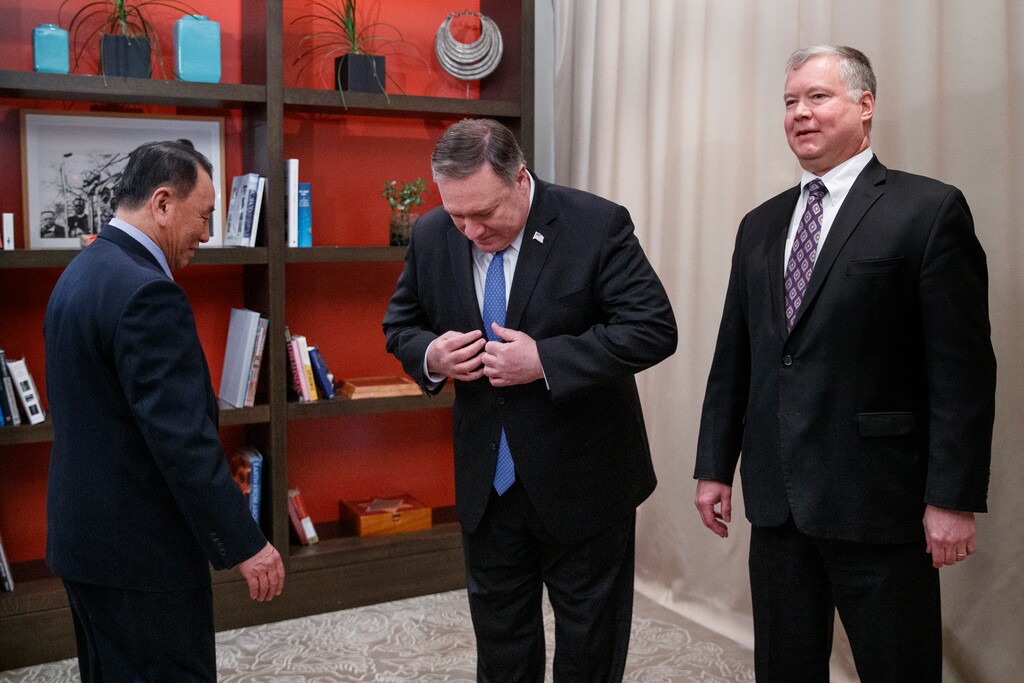 (AP Photo/Carolyn Kaster) From left, Kim Yong Chol, a North Korean senior ruling party official and former intelligence chief, Secretary of State Mike Pompeo, and U.S. Special Representative for North Korea Stephen Biegun, arrive to pose for photographs at the The Dupont Circle Hotel in Washington, Friday, Jan. 18, 2019.