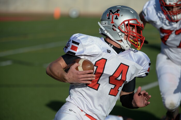 (Francisco Kjolseth  |  The Salt Lake Tribune)  Manti's Lance Fowles puts in some yards in game action against Judge Memorial in the Class 3A football playoff game at Judge on Thursday, Oct. 19, 2017. 