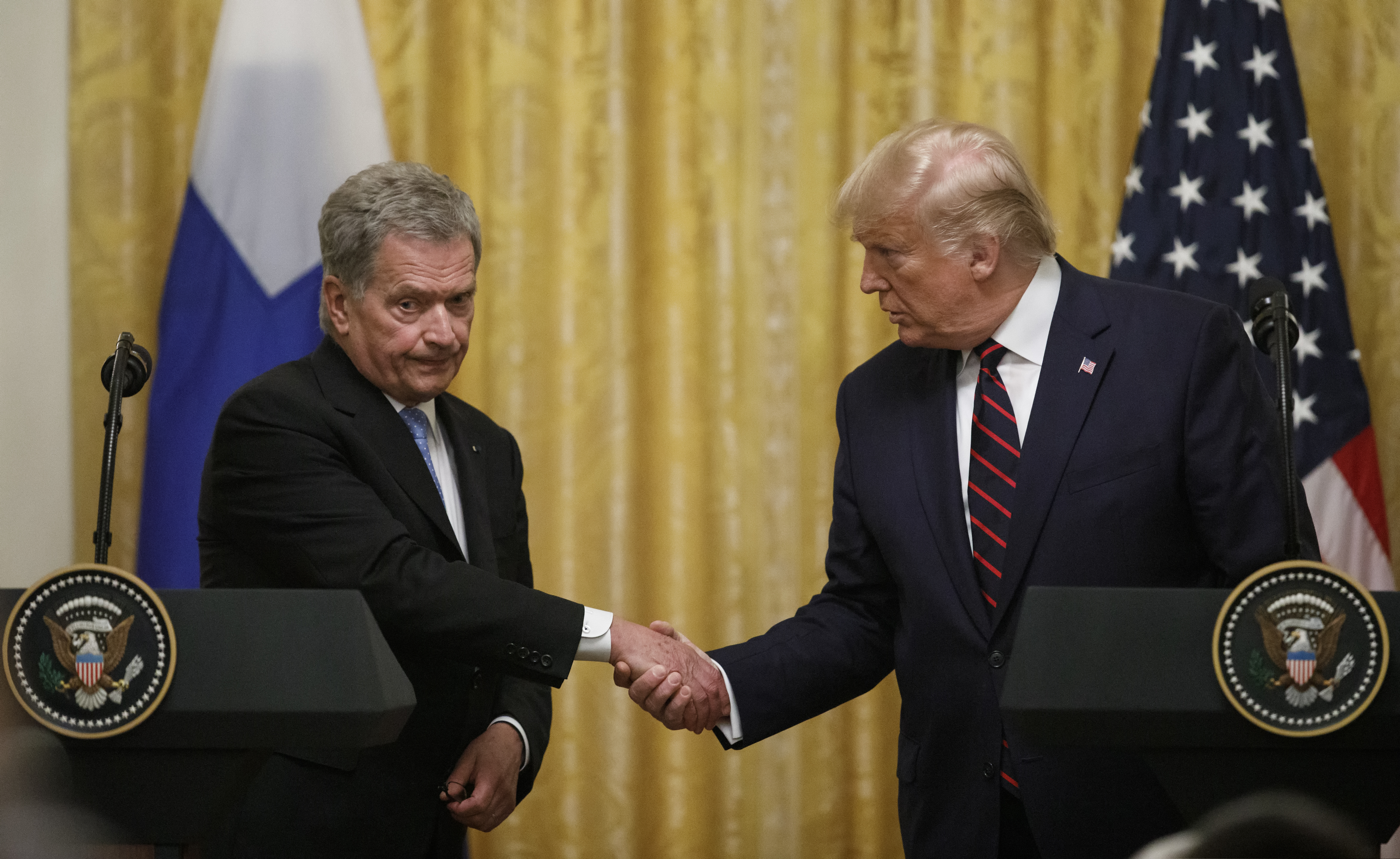 (Carolyn Kaster | AP) President Donald Trump and Finnish President Sauli Niinisto shake hands during a news conference at the White House in Washington, Wednesday, Oct. 2, 2019.