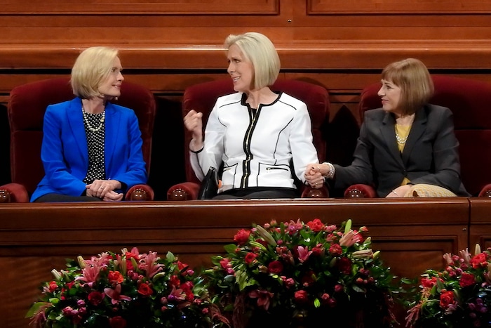 (Trent Nelson | The Salt Lake Tribune)  Primary General President Joy D. Jones, center, with her counselors Bonnie H. Cordon and Cristina B. Franco, at the General Women's Session of the 187th Semiannual General Conference of the The Church of Jesus Christ of Latter-day Saints, in Salt Lake City, Saturday September 23, 2017.