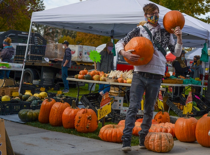 (Leah Hogsten  |  The Salt Lake Tribune) Doug Soule has his hands full of pumpkin on final day of the Salt Lake City Farmer's Market, Oct. 24, 2020.