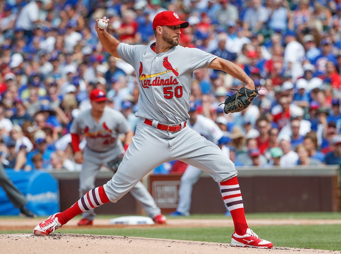 St. Louis Cardinals starting pitcher Adam Wainwright delivers against the Chicago Cubs during the first inning of a baseball game, Saturday, July 22, 2017, in Chicago. (AP Photo/Kamil Krzaczynski)