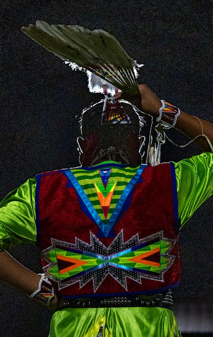 (Leah Hogsten | The Salt Lake Tribune Dancers are a whirl of regalia and color at the 41st Annual Paiute Indian Tribe of Utah Restoration Gathering, Aug. 13, 2021 in Cedar City, Utah.