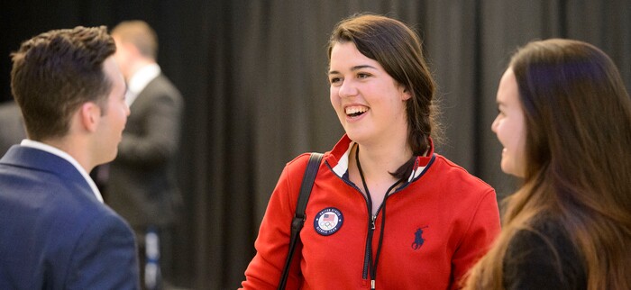 (Steve Griffin | The Salt Lake Tribune) 2018 Olympic US long track speedskater Carlijn Schoutens mingles with guests during a homecoming event for over 50 Utah connected Olympic and Paralympic athletes, prior to the seventh annual Governor's State of Sport Awards presented by Zions Bank and hosted by the Utah Sports Commission at Vivint Smart Home Arena in Salt Lake City Wednesday April 18, 2018. Schoutens won a bronze medal in the Team Pursuit event in Pyeongchang.