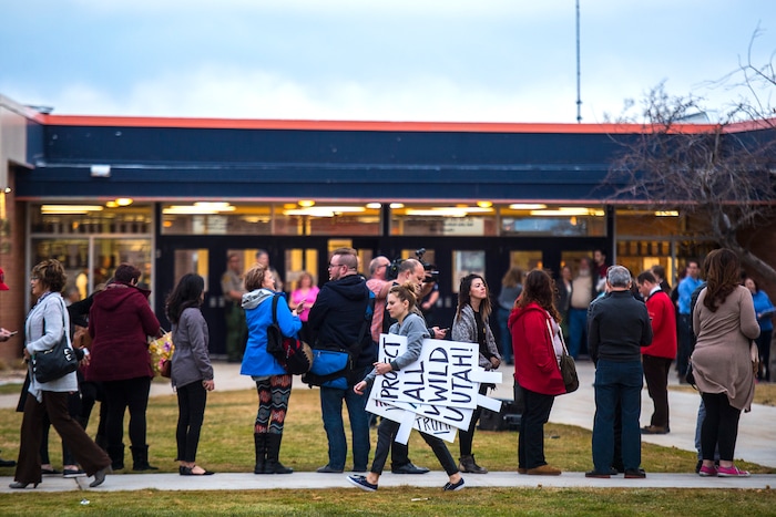 Chris Detrick  |  The Salt Lake Tribune
Crowds of people line up before the town-hall meeting with U.S. Rep. Jason Chaffetz, R-Utah, outside of Brighton High School Thursday February 9, 2017. 