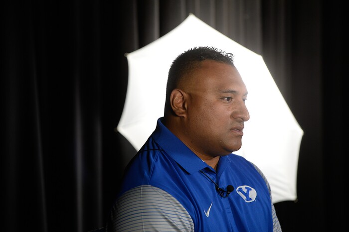 (Francisco Kjolseth  |  The Salt Lake Tribune)  BYU hosts their eighth-annual football media day at the BYU-Broadcasting Building on Friday, June 22, 2018, as head coach Kalani Sitake makes the interview rounds.
