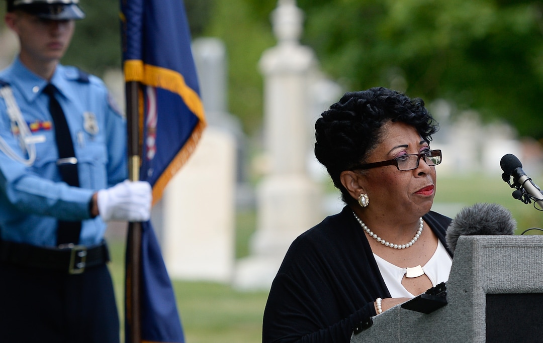 (Francisco Kjolseth  |  The Salt Lake Tribune)  Jeanetta Williams, NAACP President, says a few words in conjunction with the 400th anniversary of the arrival of African slaves in the United States, as Salt Lake City dedicates the first grave marker for Tom, an enslaved Black pioneer who was buried in the Salt Lake City Cemetery in 1862. The placement and dedication of the marker on Thursday, Aug. 22, 2019, is the result of research initially conducted by Mark Smith, the former sexton of the Cemetery.