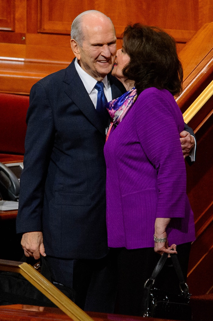 (Trent Nelson | The Salt Lake Tribune)
President Russell M. Nelson, with his wife, Wendy, at the end of a session of General Conference in 2019.