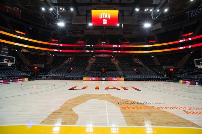 (Rick Egan  |  The Salt Lake Tribune)    The Utah Jazz will play on their new City edition court with their City Edition Uniforms, Tuesday night. Monday, January 29, 2018.