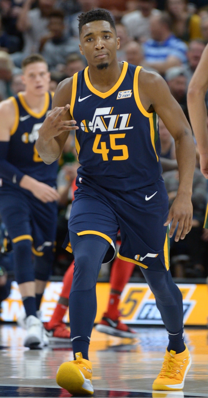 (Leah Hogsten  |  The Salt Lake Tribune) Utah Jazz guard Donovan Mitchell (45) had 25 points in the game. The Utah Jazz were defeated by the Toronto Raptors 100-109 at Vivint Smart Home Arena, Friday, November 3, 2017