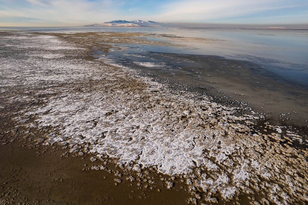 (Francisco Kjolseth | The Salt Lake Tribune) Dropping lake levels on the Great Salt Lake, along the north shore of Antelope Island, continue to expose more reef-like structures called microbialites on Wednesday, Jan. 4, 2023. 